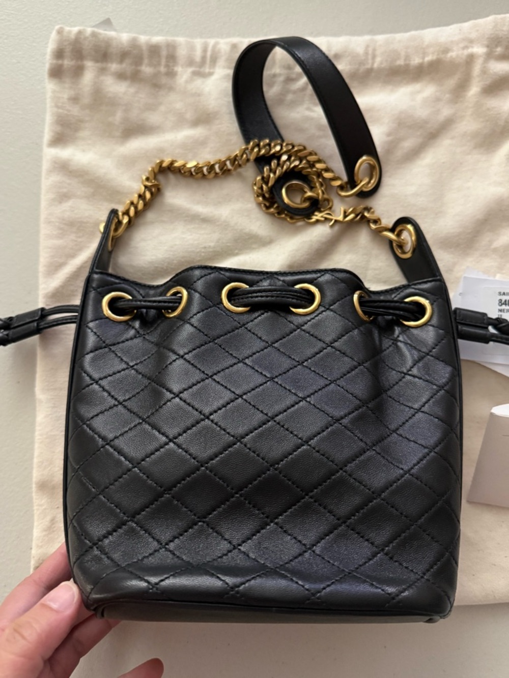 Saint Laurent Black Quilted Leather Drawstring Shoulder Bag with Gold Hardware - Picture 5 of 7